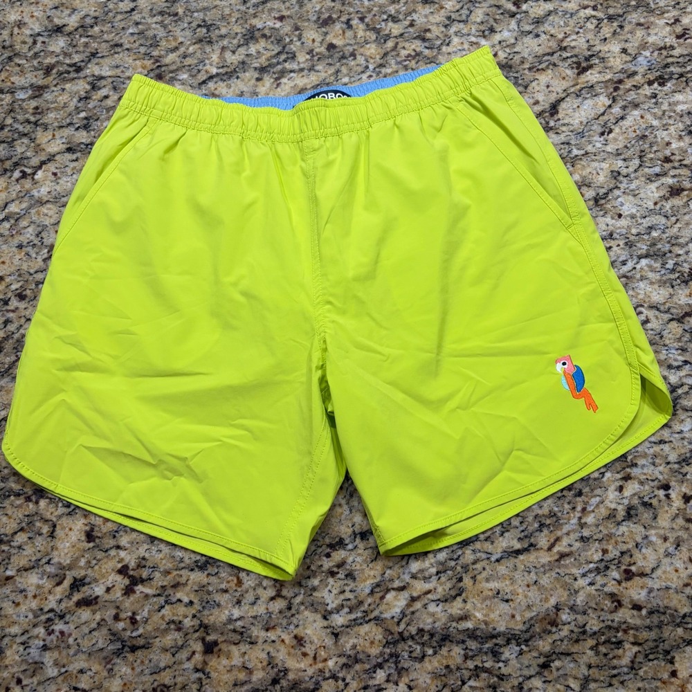Bonobos Riviera Swim Trunks Mens Medium 7 Inch Inseam Neon Yellow Parrot ws